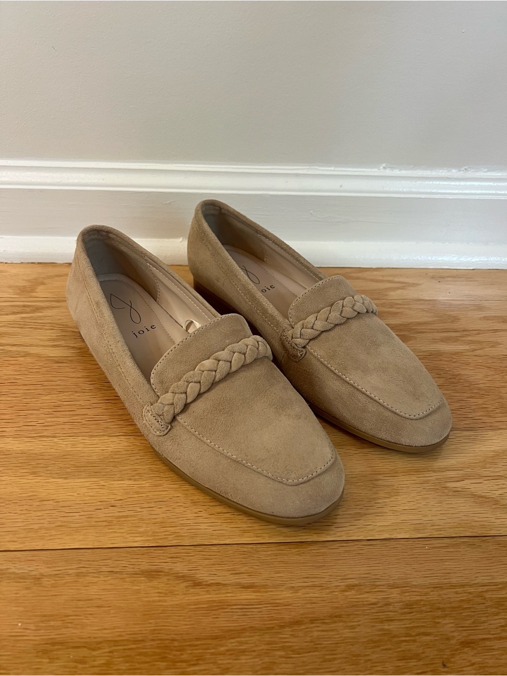 Joie Tan Suede Braided Strap Slip On Loafers with Almond Toe